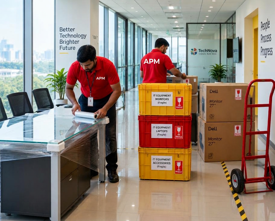 Movers wrapping a desk and stacking labelled crates in an office corridor