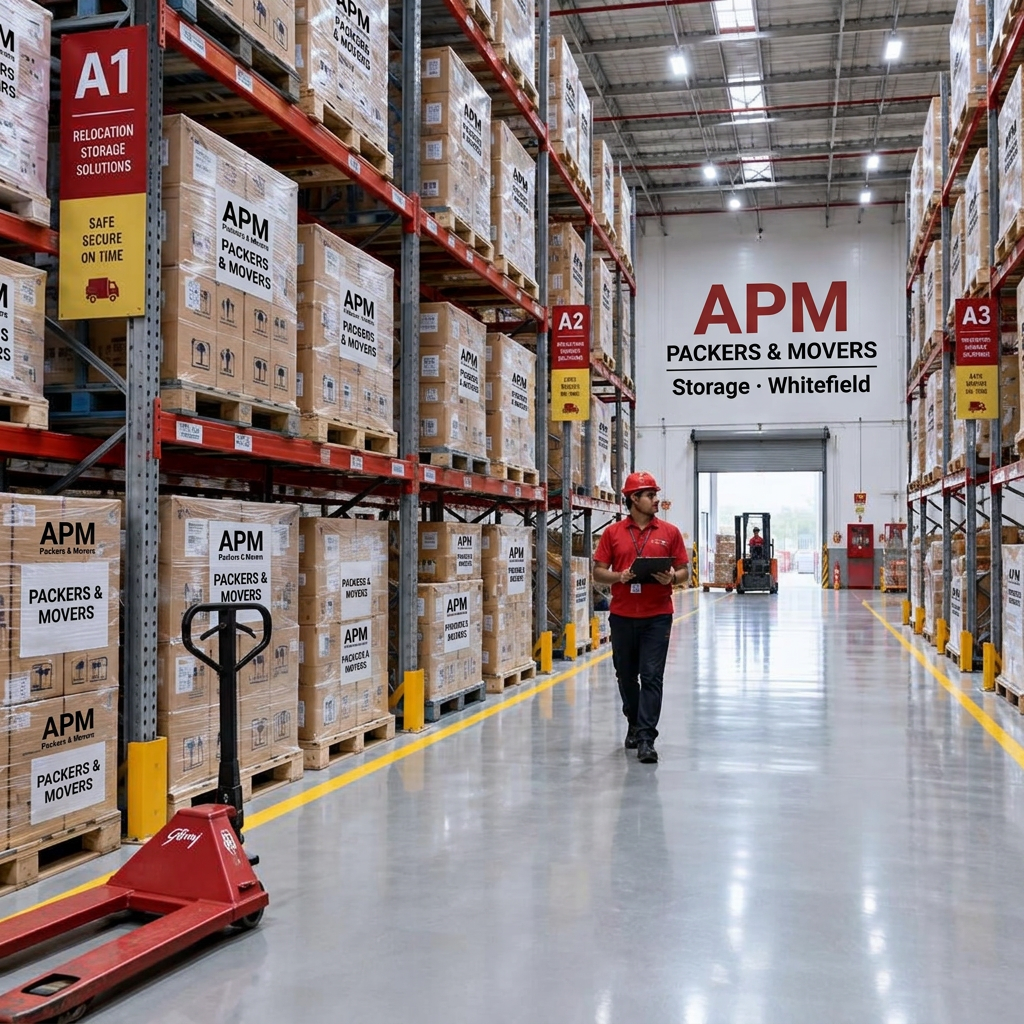 Warehouse racks holding shrink-wrapped pallets of labelled boxes
