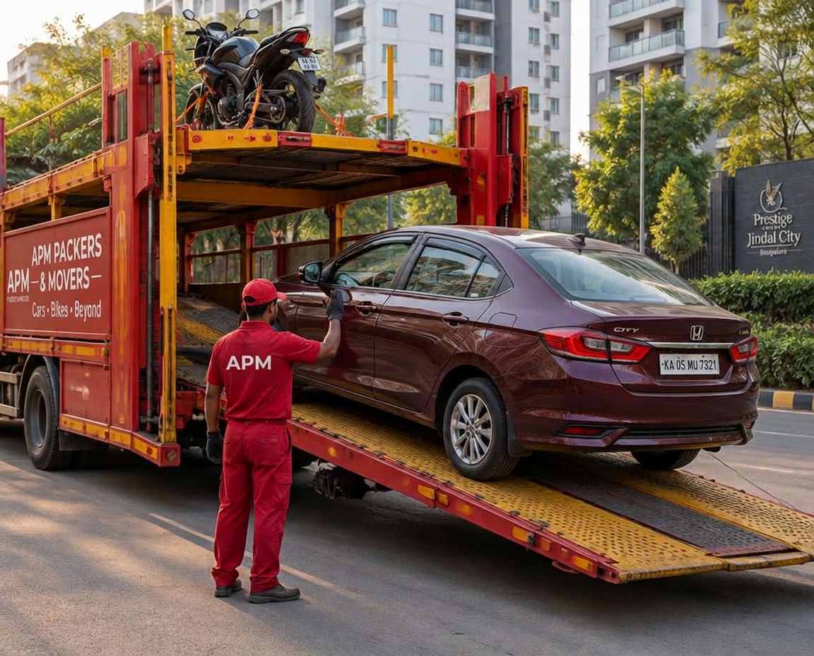 A sedan being winched onto a red car-carrier trailer